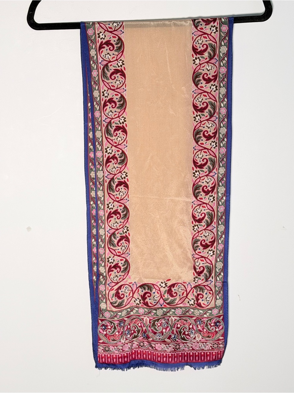 Oscar de la Renta Vintage Beige Silk Scarf with Pink and Blue Floral Border